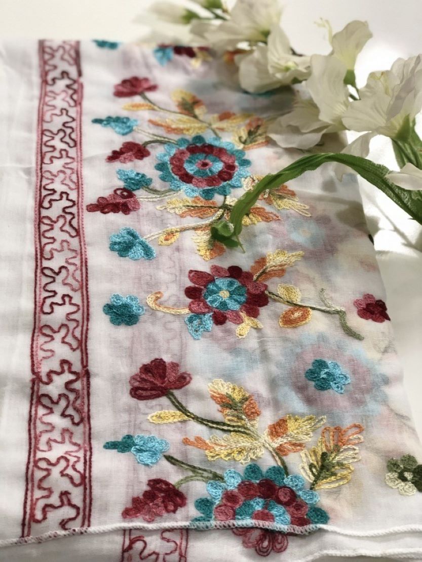 Embroidered Cotton Scarf/Hijab-WHITE