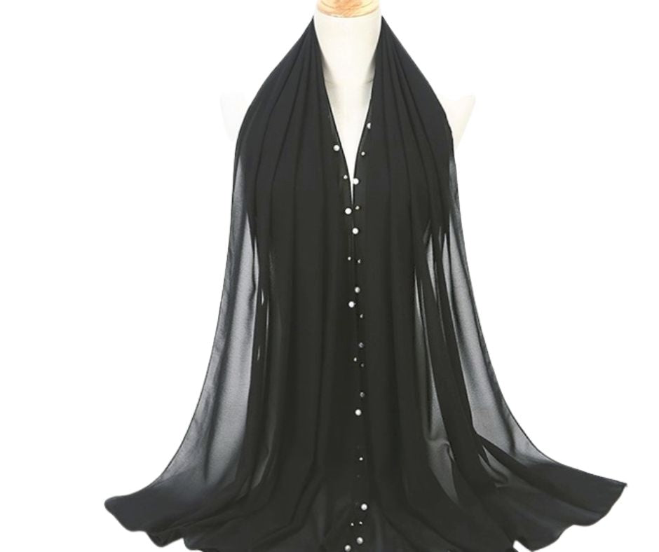 BEADED CHIFFON PLAIN SCARF/HIJAB - BLACK