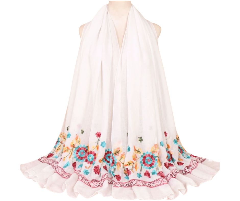 Embroidered Cotton Scarf/Hijab-WHITE