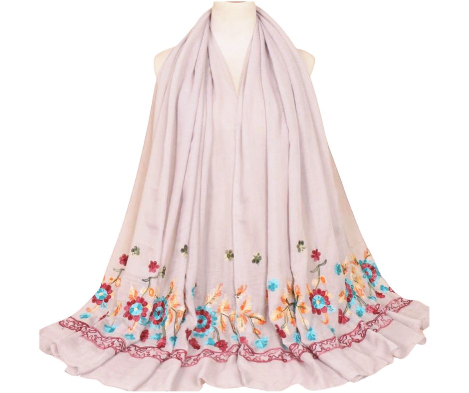 Embroidered Cotton Scarf/Hijab-LIGHT GREY