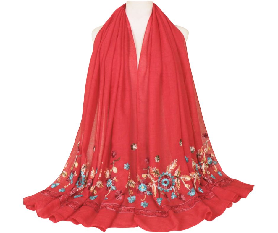 Embroidered Cotton Scarf/Hijab-RED
