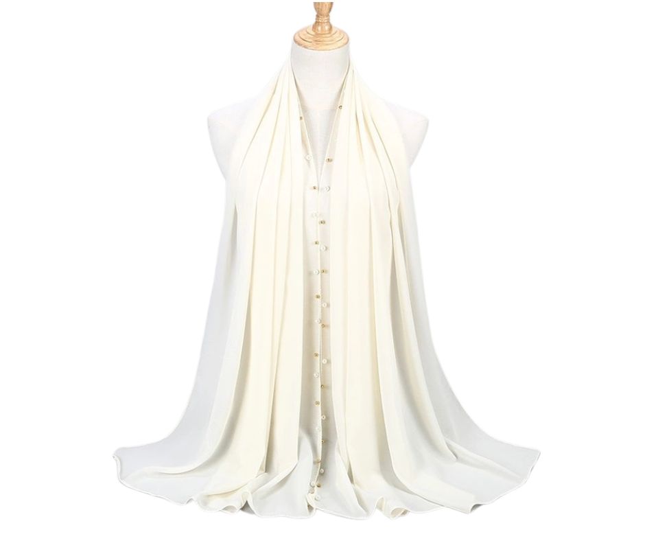 BEADED CHIFFON PLAIN SCARF/HIJAB - PEARL WHITE