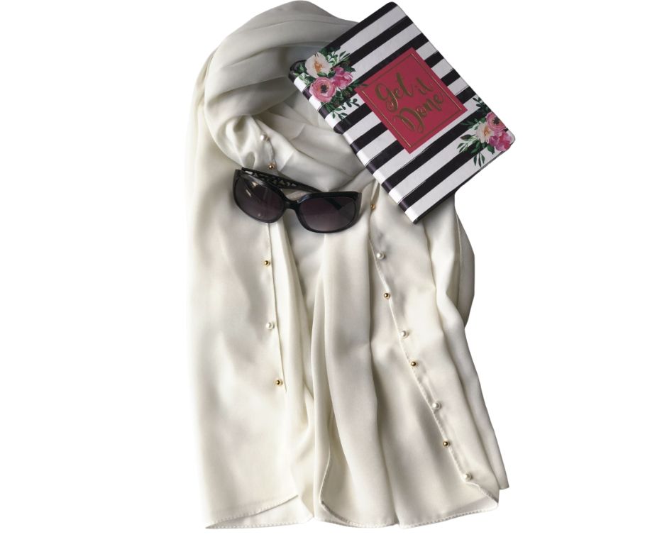 BEADED CHIFFON PLAIN SCARF/HIJAB - PEARL WHITE