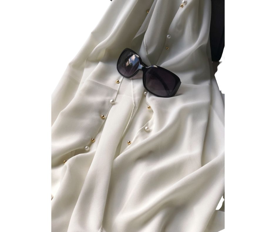 BEADED CHIFFON PLAIN SCARF/HIJAB - PEARL WHITE