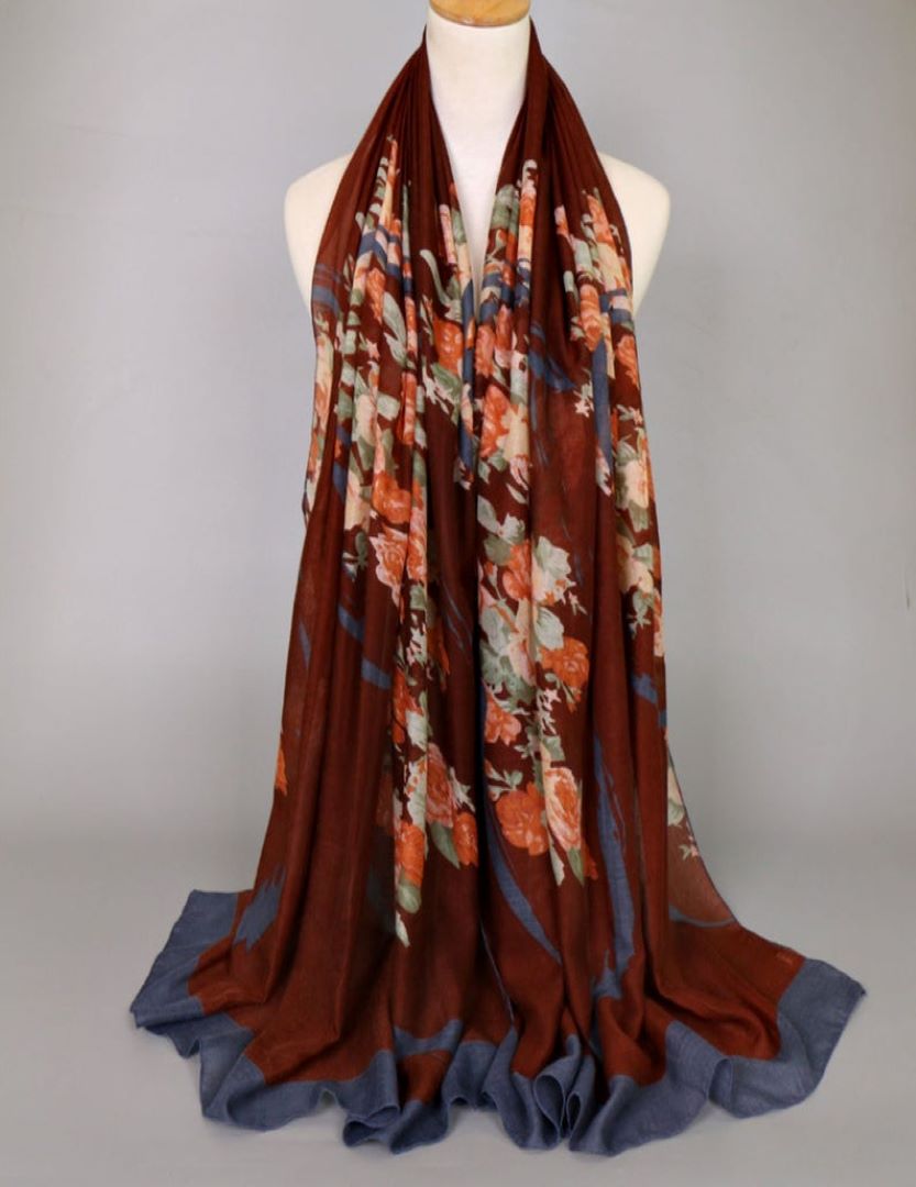 Cotton / Viscose Print Scarf - Walnut Brown