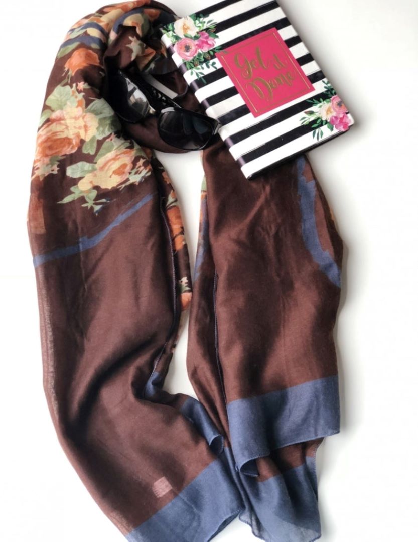 Cotton / Viscose Print Scarf - Walnut Brown