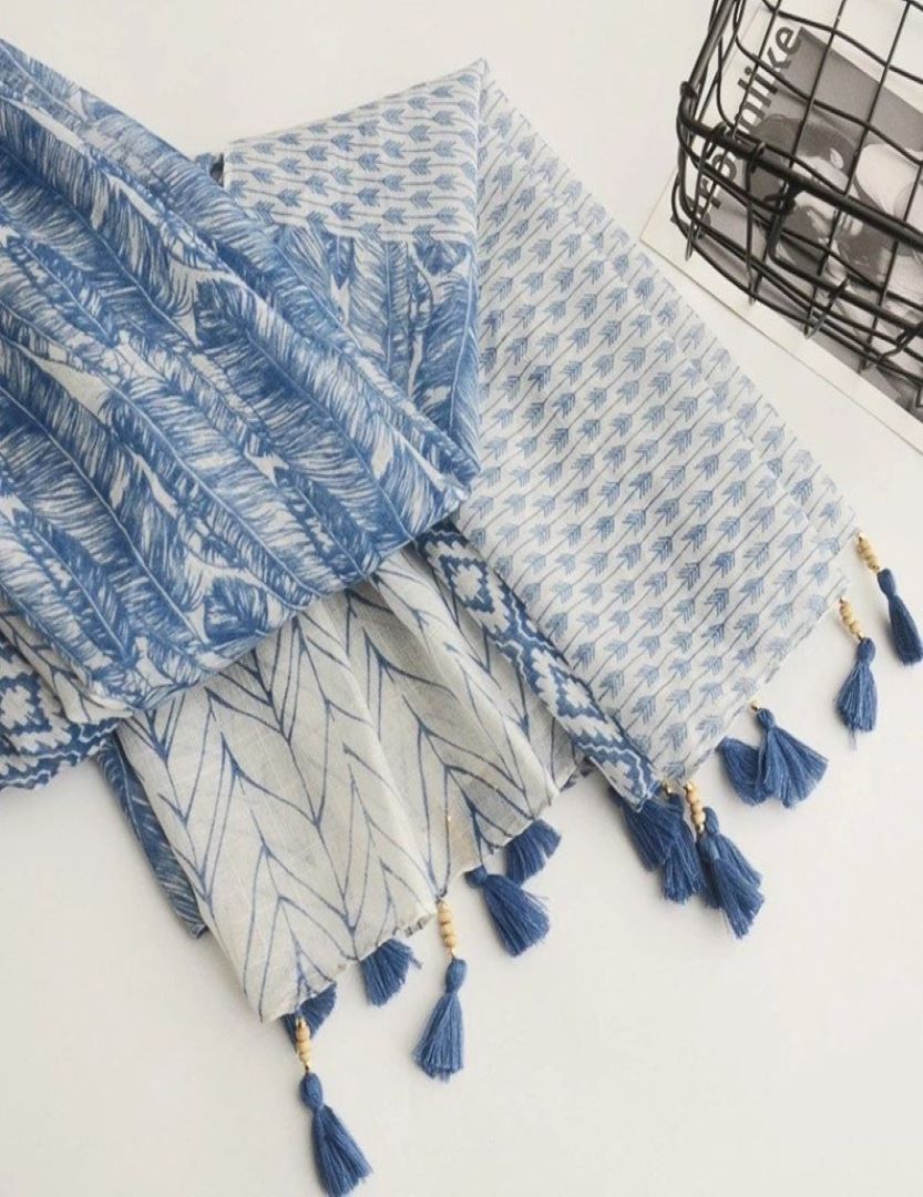 Cotton Scarf With Tassel- Blue