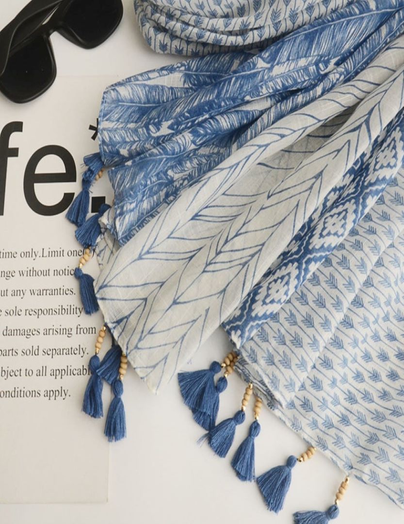 Cotton Scarf With Tassel- Blue