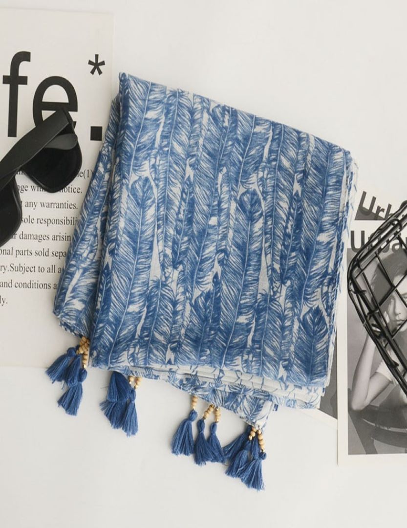 Cotton Scarf With Tassel- Blue