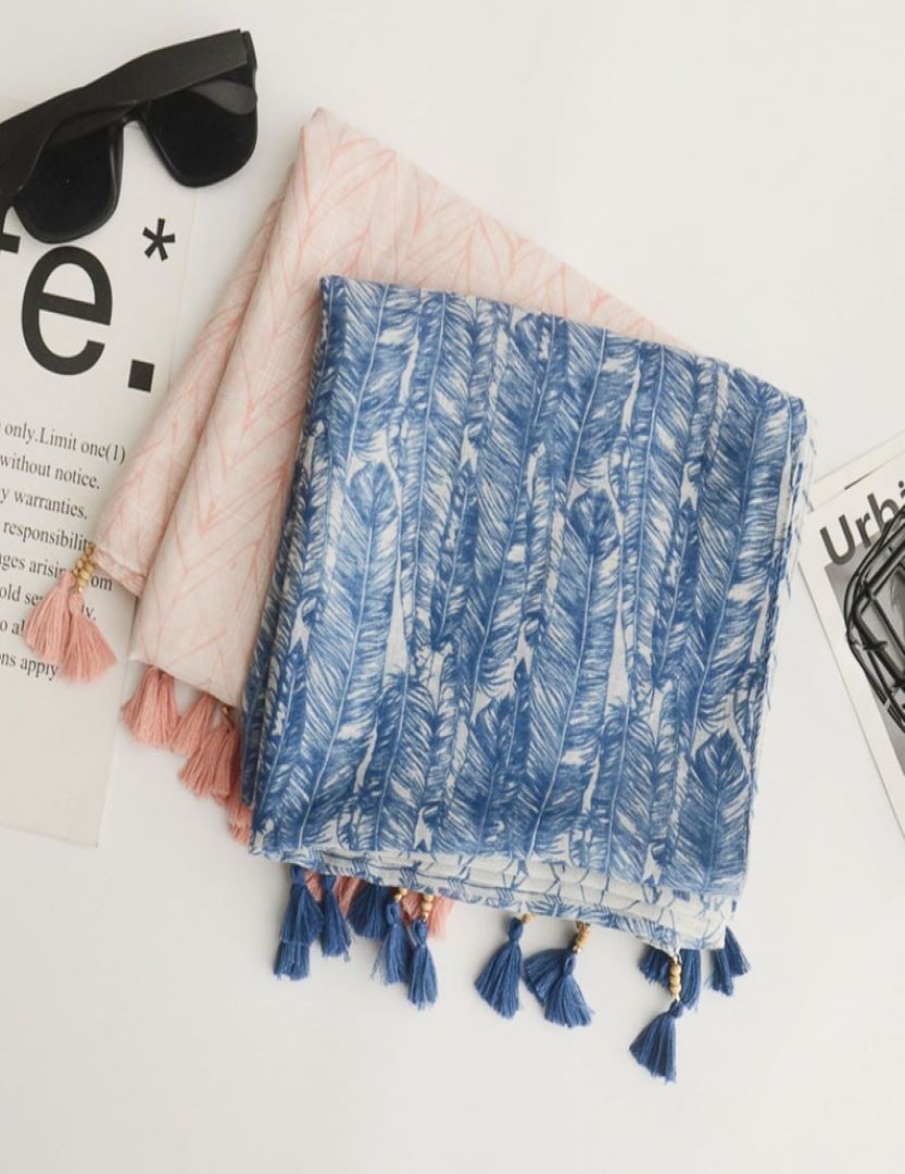 Cotton Scarf With Tassel- Blue